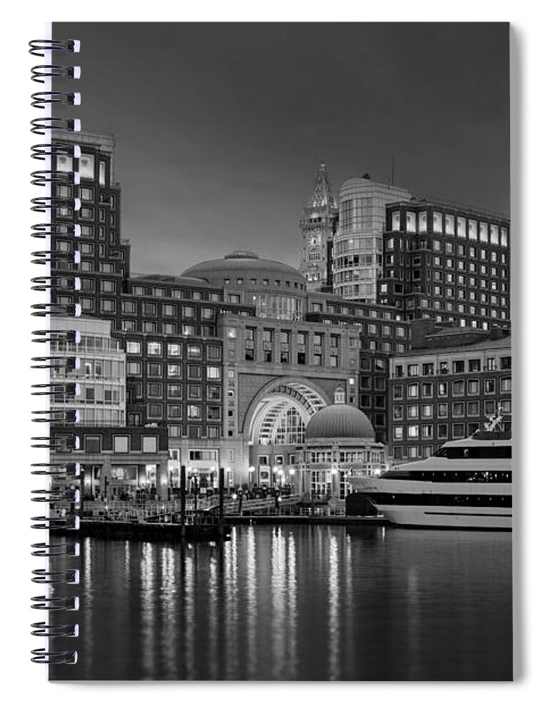 Boston Spiral Notebook featuring the photograph Boston Harbor Skyline and Financial District BW by Susan Candelario