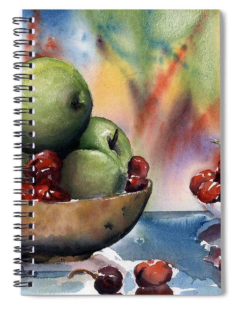 Apples And Cherries Spiral Notebook featuring the painting Apples in a Wooden Bowl With Cherries on the Side by Maria Hunt