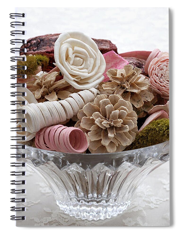 Bowl Spiral Notebook featuring the photograph Bowl of Potpourri on Lace by Connie Fox