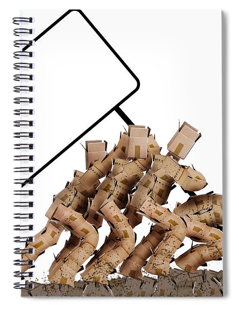Write Spiral Notebook featuring the photograph Box characters raising a blank sign by Simon Bratt