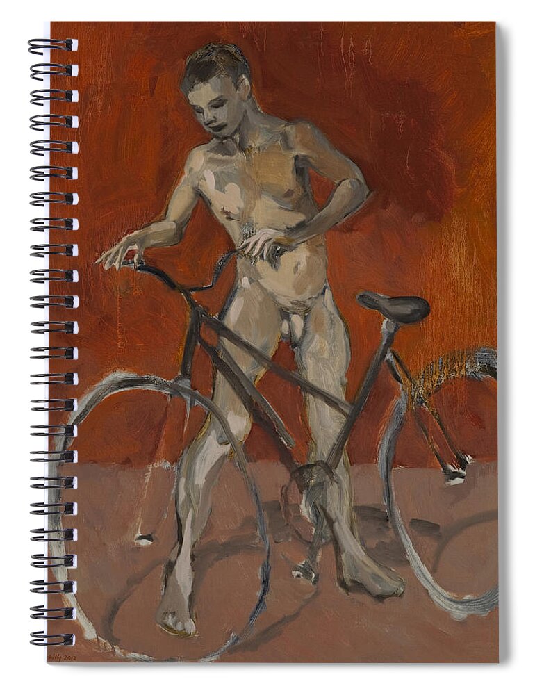 Boy Spiral Notebook featuring the painting Boy with bicycle red oxide by Peregrine Roskilly