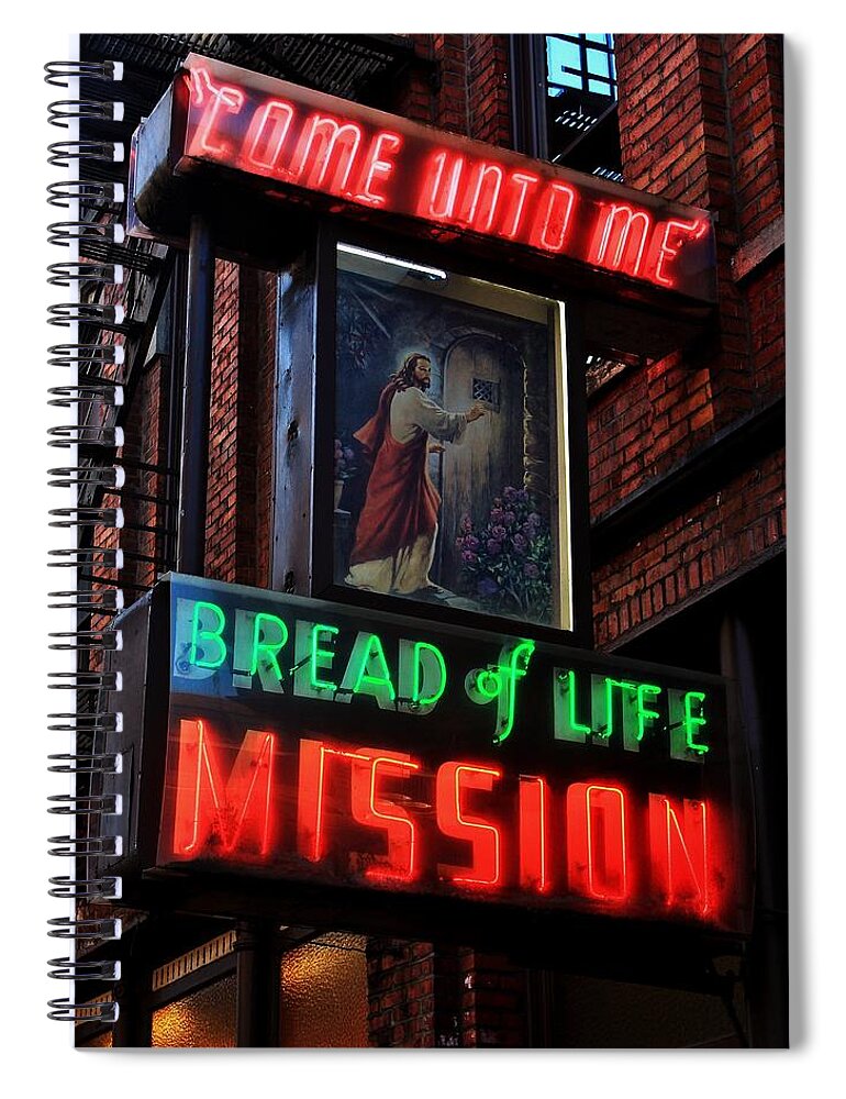 Neon Spiral Notebook featuring the photograph Bread of Life Mission by Benjamin Yeager