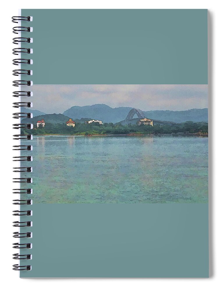Julia Springer Spiral Notebook featuring the photograph Bridge of the Americas from Casco Viejo - Panama by Julia Springer