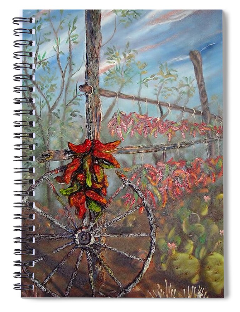 Wheel Spiral Notebook featuring the painting Broken Wheel and Chili by Sherry Strong
