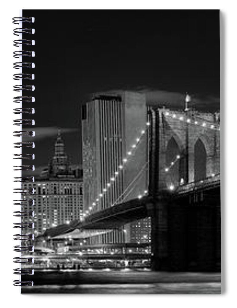 Panoramic Spiral Notebook featuring the photograph Brooklyn Bridge In B&w by Alarifoto