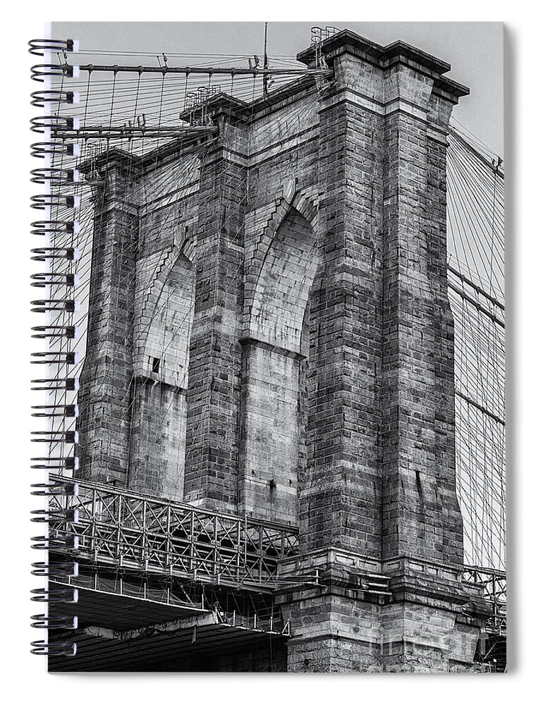 Bridge Spiral Notebook featuring the photograph Brooklyn Bridge Tower B and W by Jerry Fornarotto