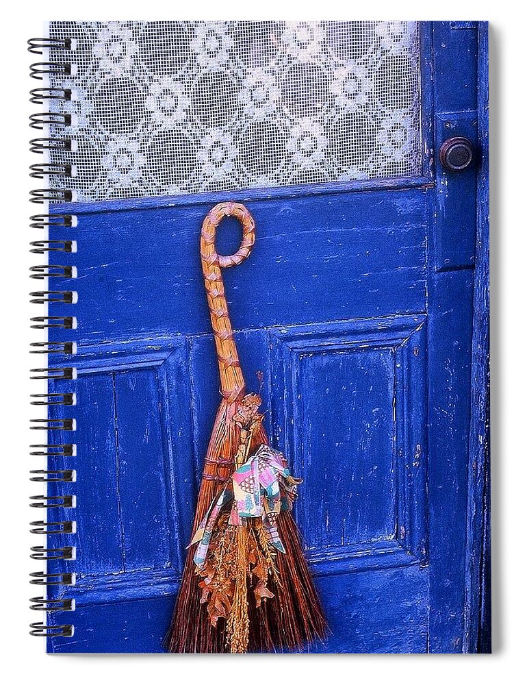 Blue Spiral Notebook featuring the photograph Broom on Blue Door by Rodney Lee Williams