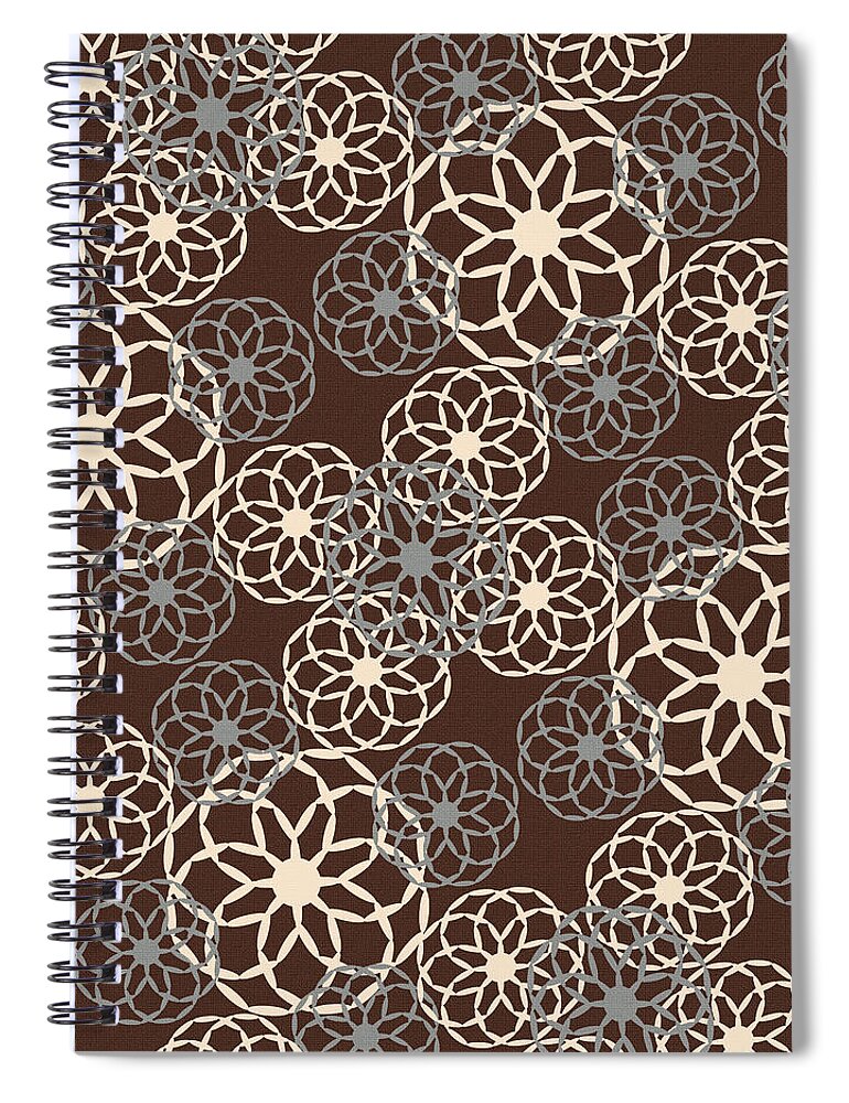 Brown Spiral Notebook featuring the mixed media Brown and Silver Floral Pattern by Christina Rollo
