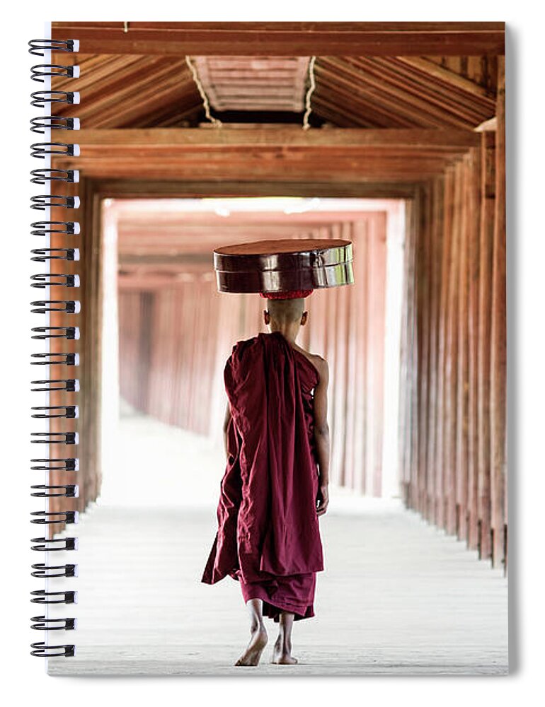 Adolescence Spiral Notebook featuring the photograph Buddhist Monk Walking Along Temple by Martin Puddy