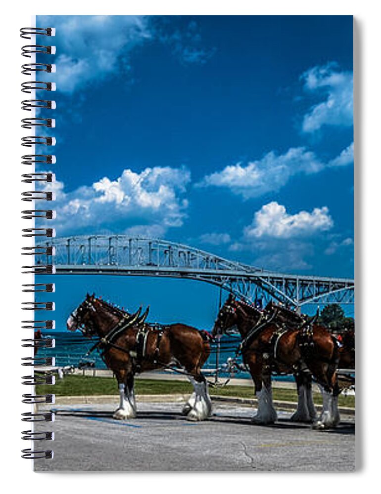 Budweiser Spiral Notebook featuring the photograph Budweiser Clydsdales and Blue Water Bridges by Ronald Grogan