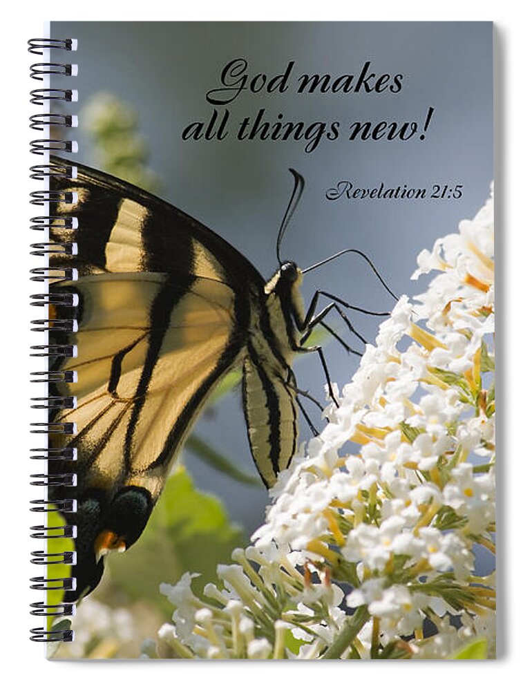 Swallowtail Spiral Notebook featuring the photograph Butterfly on White Bush with Scripture by Jill Lang