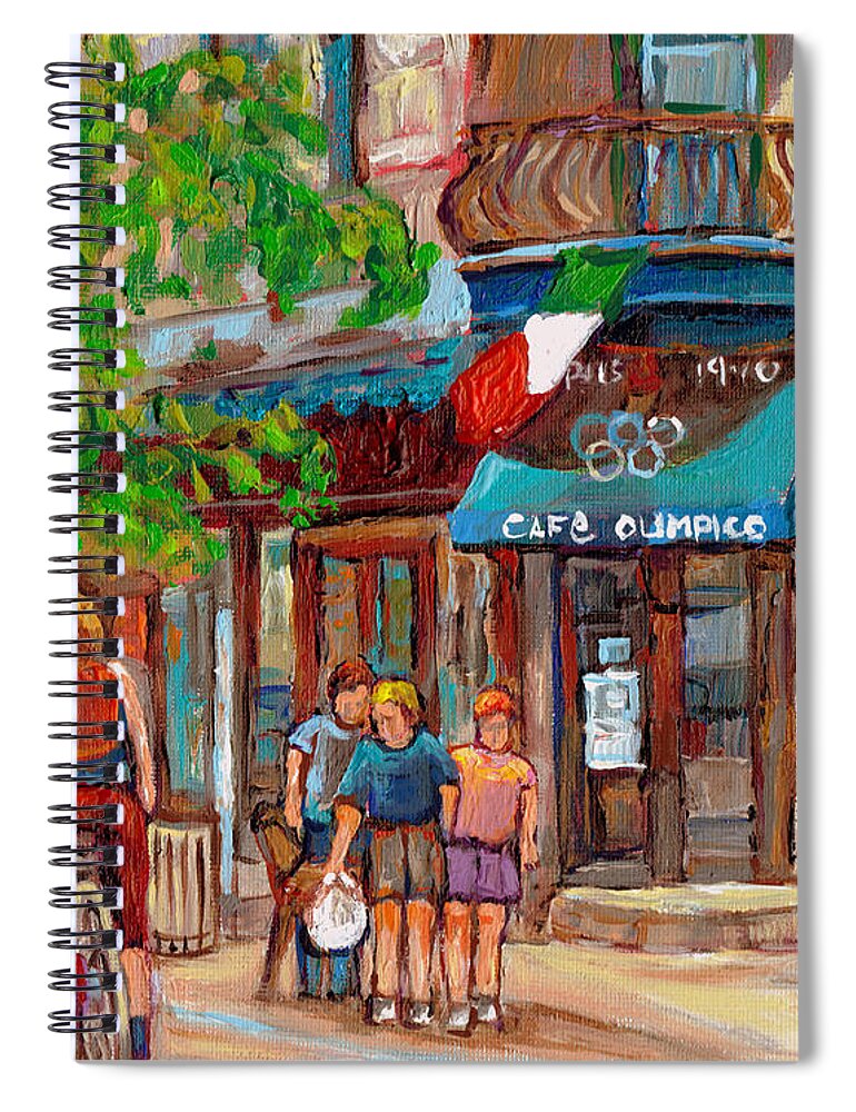 Cafe Olimpico Spiral Notebook featuring the painting Cafe Olimpico-124 Rue St. Viateur-montreal Paintings-sports Bar-restaurant-montreal City Scenes by Carole Spandau