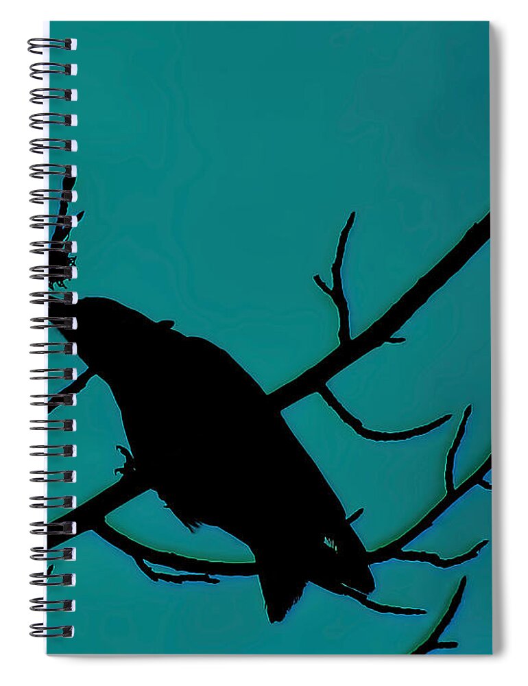 Crow Spiral Notebook featuring the mixed media Call of the Crow on Aqua 2 by Lesa Fine