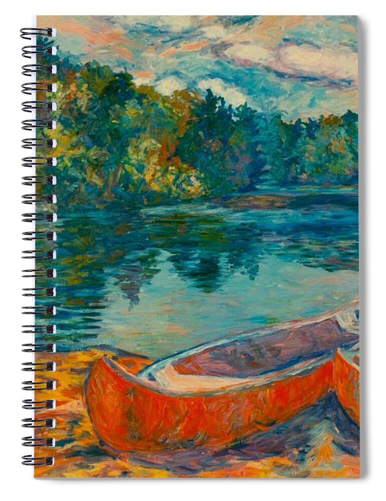 Landscape Spiral Notebook featuring the painting Canoes at Mountain Lake by Kendall Kessler