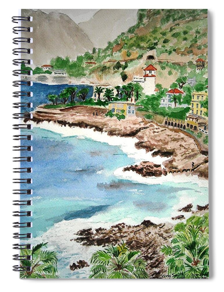 French Riviera Spiral Notebook featuring the painting Cap d'Ail on a Rainy Day by Vera Smith