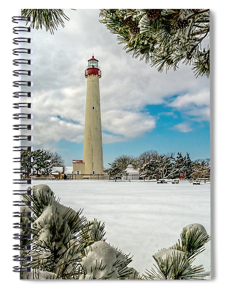 Beacon Spiral Notebook featuring the photograph Cape May Light thru Snowy Trees by Nick Zelinsky Jr