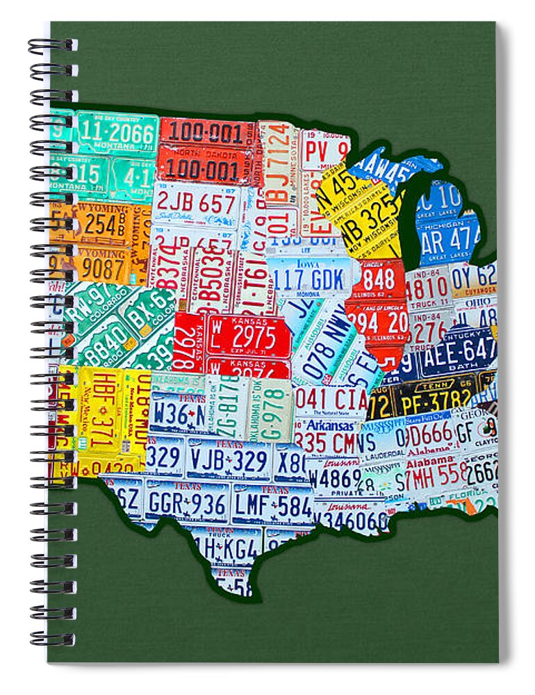 Car Tag Number Plate Art Usa On Green License Plate Map Spiral Notebook featuring the mixed media Car Tag Number Plate Art USA on Green by Design Turnpike