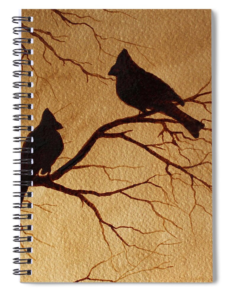 Cardinals Birds Coffee Art Spiral Notebook featuring the painting Cardinals Silhouettes coffee painting by Georgeta Blanaru