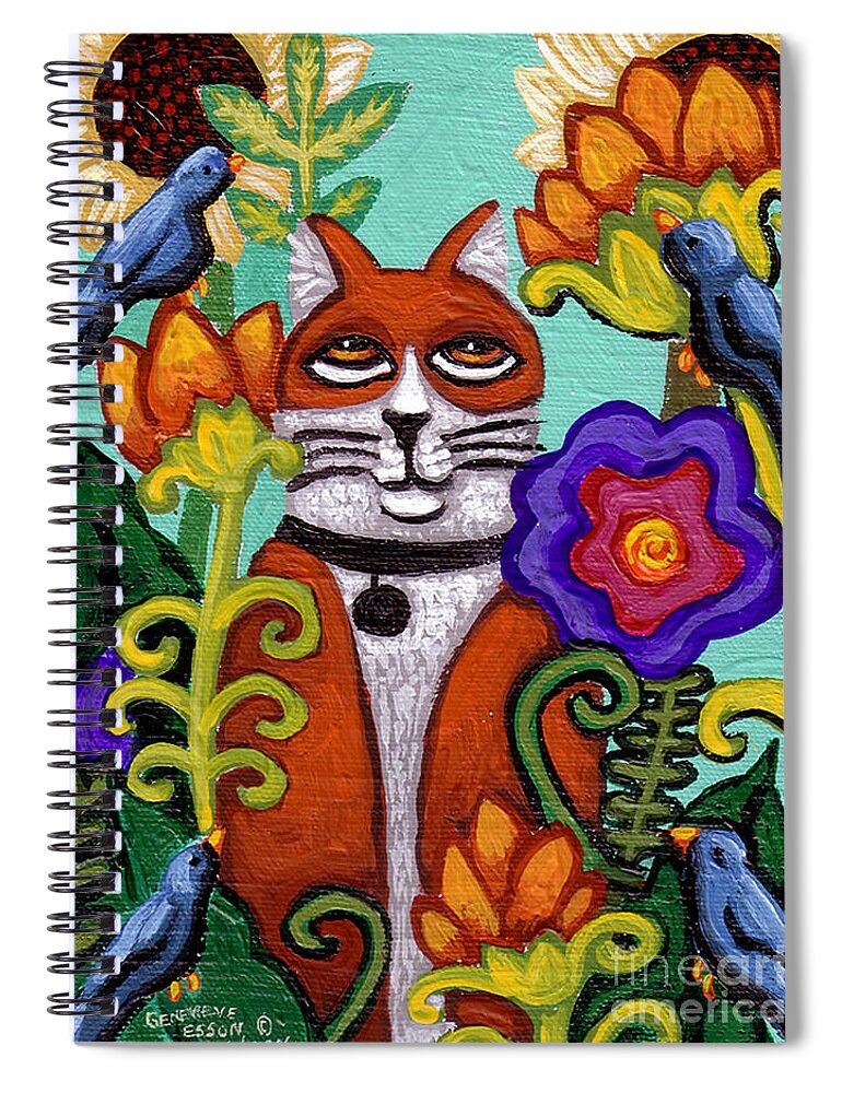 Cat Spiral Notebook featuring the painting Cat and Four Birds by Genevieve Esson
