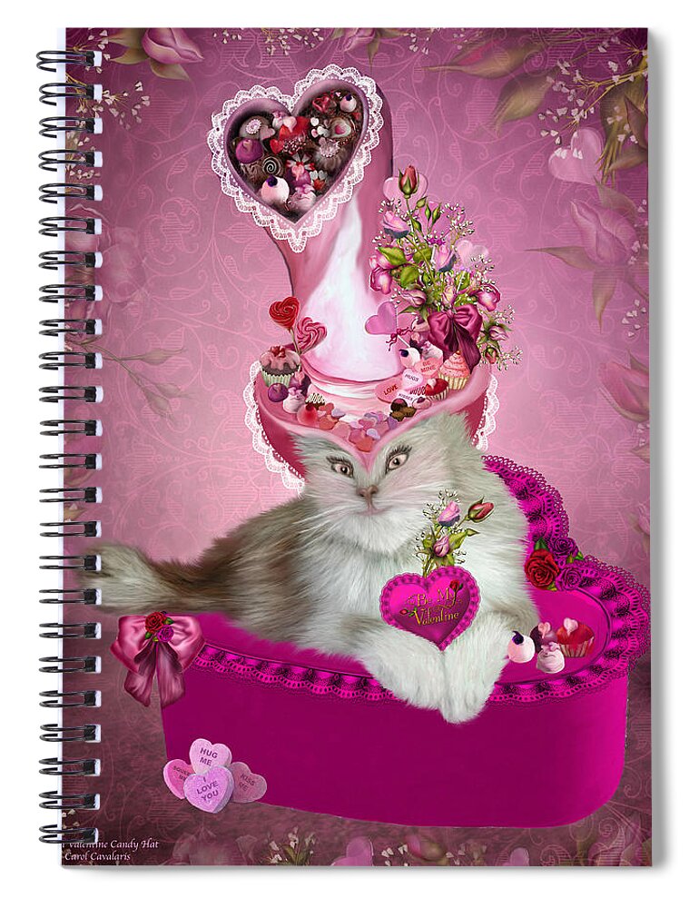 Cat Art Spiral Notebook featuring the mixed media Cat In Valentine Candy Hat by Carol Cavalaris