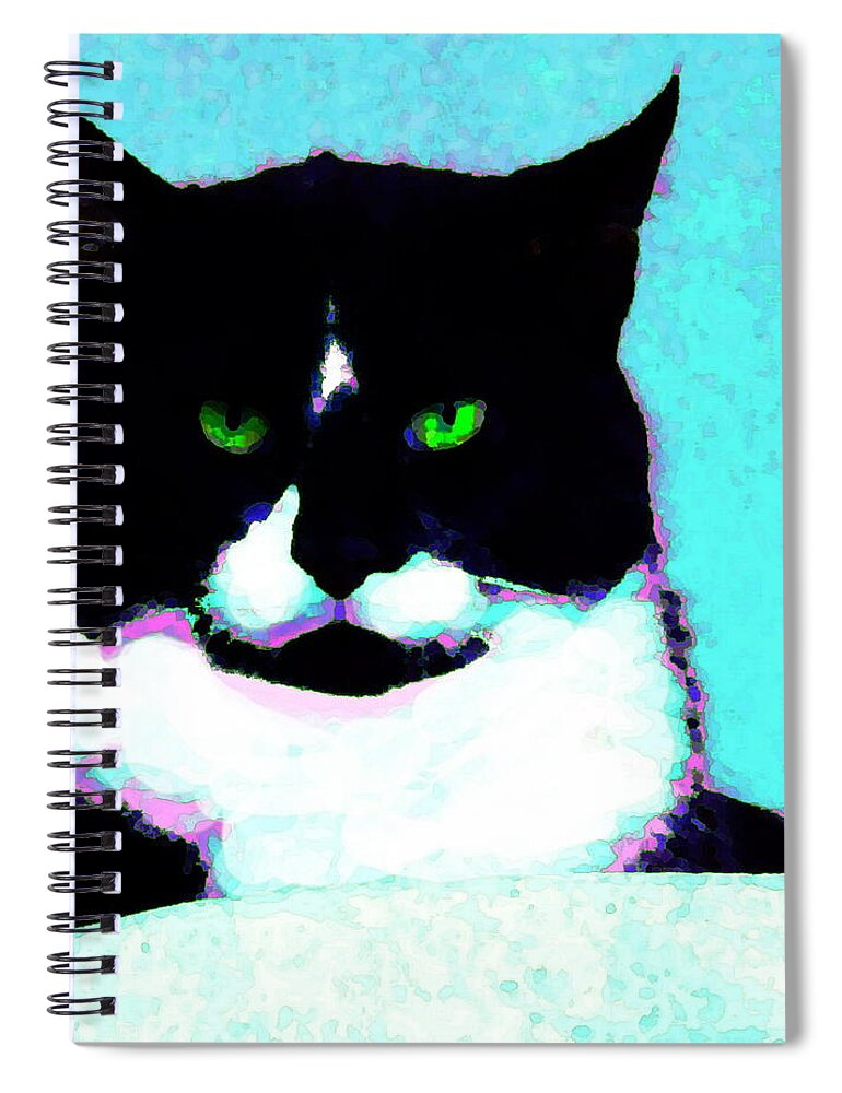 Cat Black And White Tuxedo Cat With Green Eyes Spiral Notebook featuring the digital art Cat with Green eyes by Priscilla Batzell Expressionist Art Studio Gallery