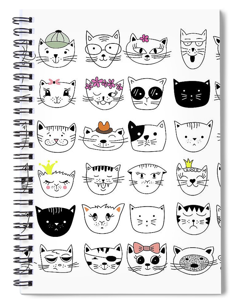 Pets Spiral Notebook featuring the digital art Cats, Set Of Cute Doodle by Alona Savchuk