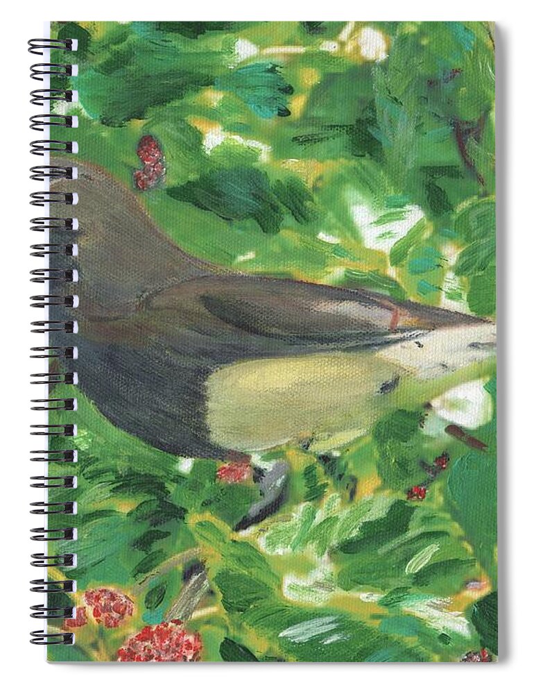 Bird Spiral Notebook featuring the painting Cedar Waxwing Eating Mulberry by Cliff Wilson