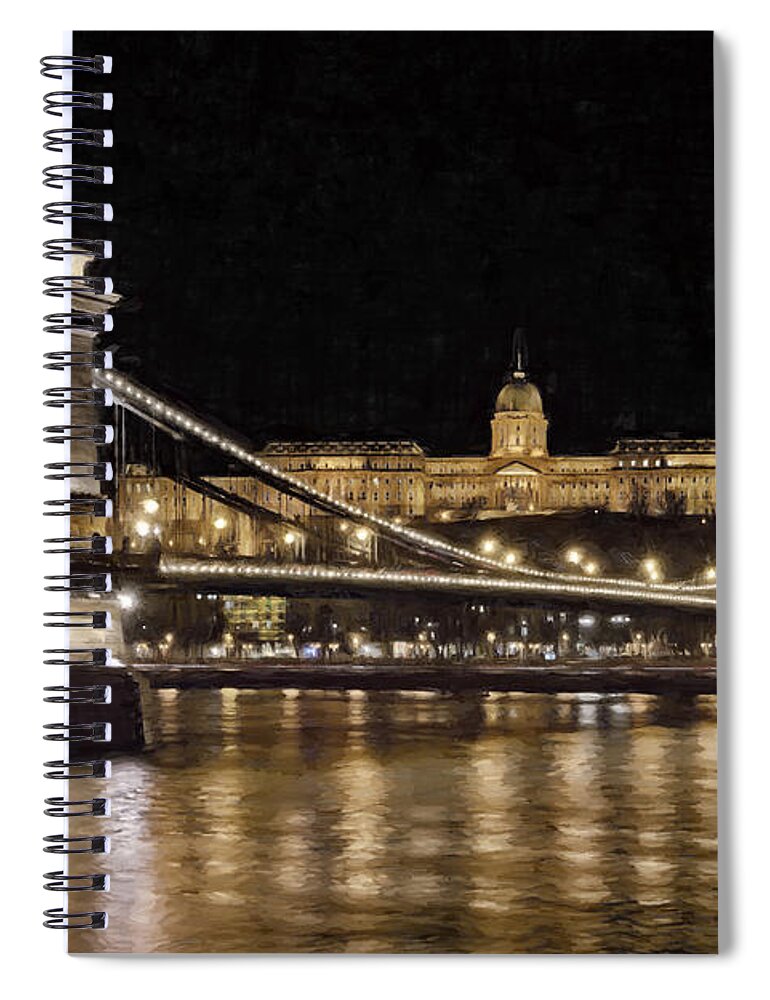 Joan Carroll Spiral Notebook featuring the photograph Chain Bridge And Buda Castle Winter Night Painterly by Joan Carroll