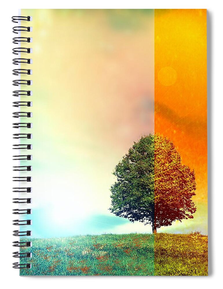 Tree Spiral Notebook featuring the digital art Change of the Seasons - The Moment when Summer meets with Fall by Lilia D