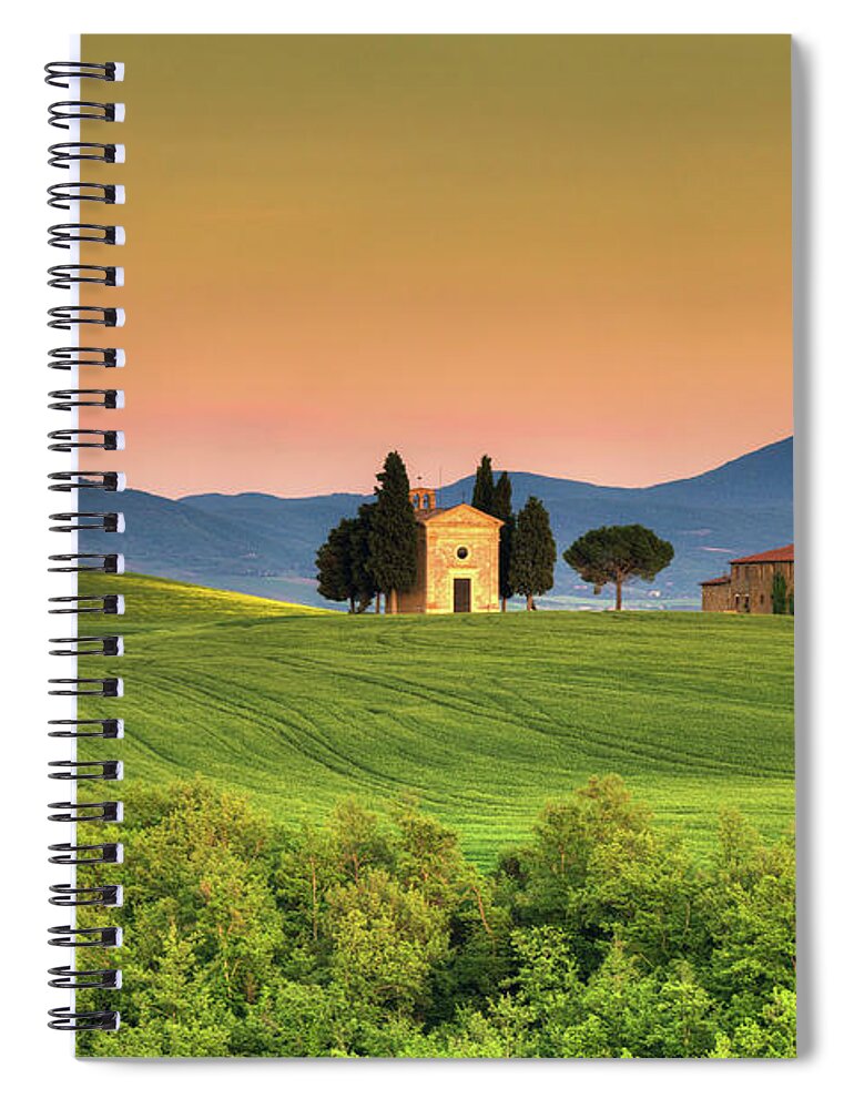 Roman Spiral Notebook featuring the photograph Chapel Of Vitaleta In Tuscany, Val by Zodebala