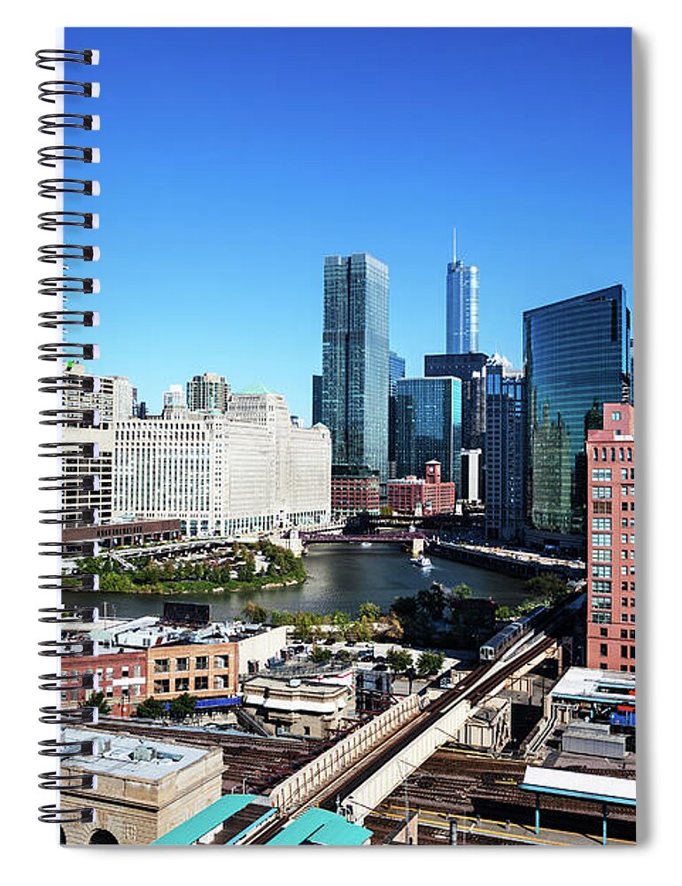Wacker Drive Spiral Notebook featuring the photograph Chicago Architecture And River At Wolf by Stevegeer
