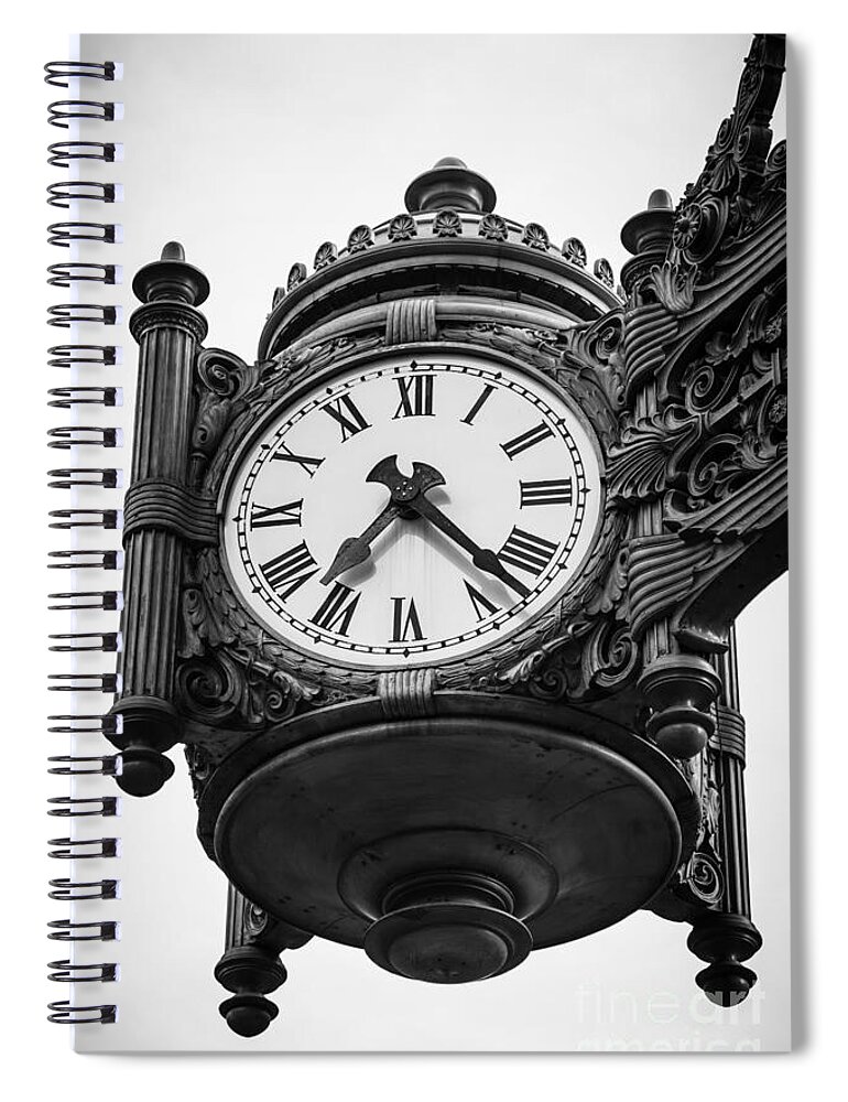 America Spiral Notebook featuring the photograph Chicago Macy's Marshall Field's Clock in Black and White by Paul Velgos