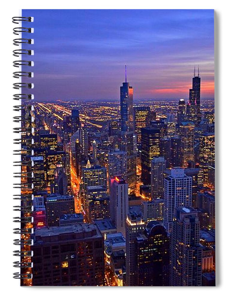 Chicago Spiral Notebook featuring the photograph Chicago Skyline at Dusk from John Hancock Signature Lounge by Jeff at JSJ Photography