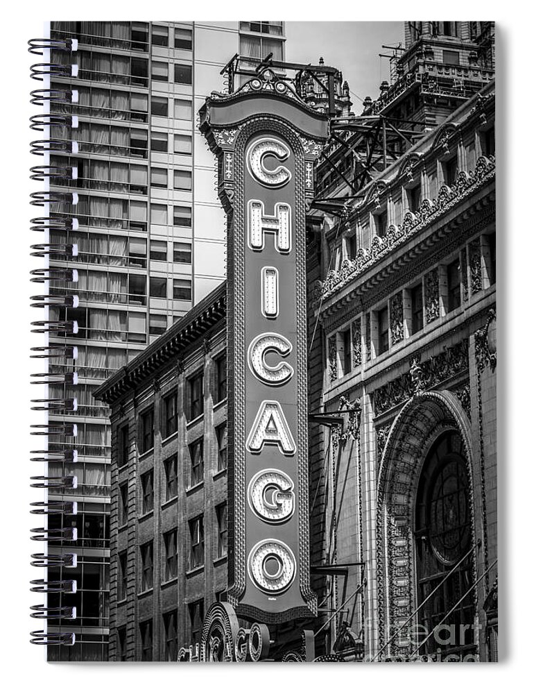 America Spiral Notebook featuring the photograph Chicago Theater Sign in Black and White by Paul Velgos