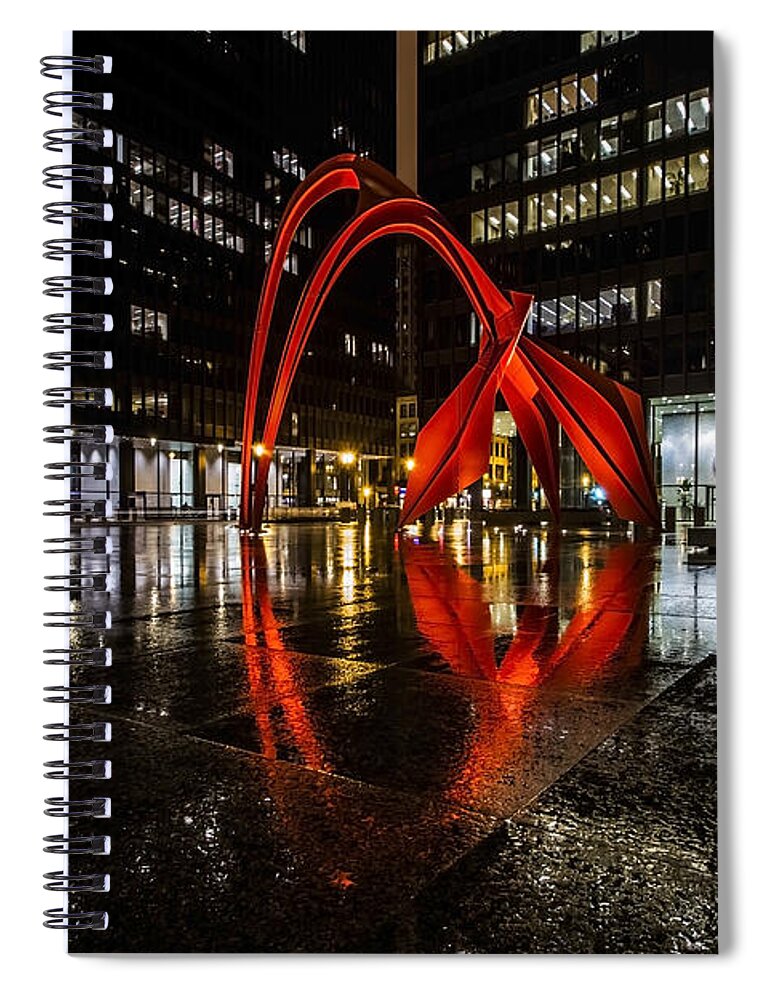 Flamingo Spiral Notebook featuring the photograph Chicago's Red Flamingo on a rainy night by Sven Brogren