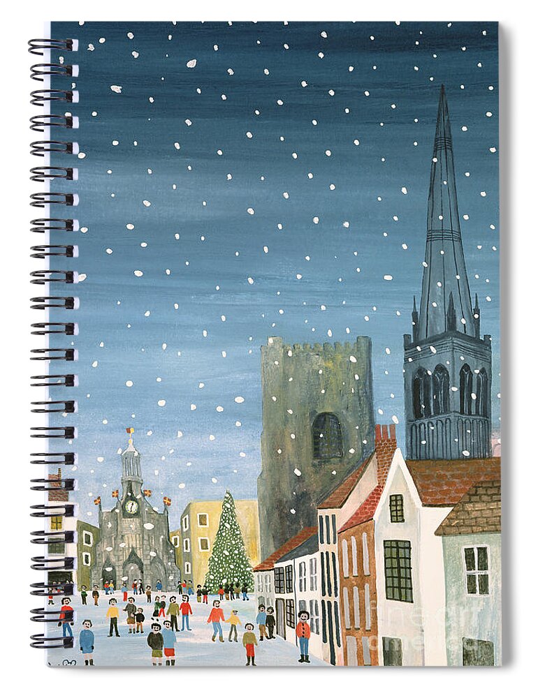 Winter; Snowy; Snowing; West Sussex; Gothic Architecture; Ecclesiastical; Christmas Tree; Festive Season; Crowd; Community; City; Spire; Nocturne; Naive Spiral Notebook featuring the painting Chichester Cathedral A Snow Scene by Judy Joel