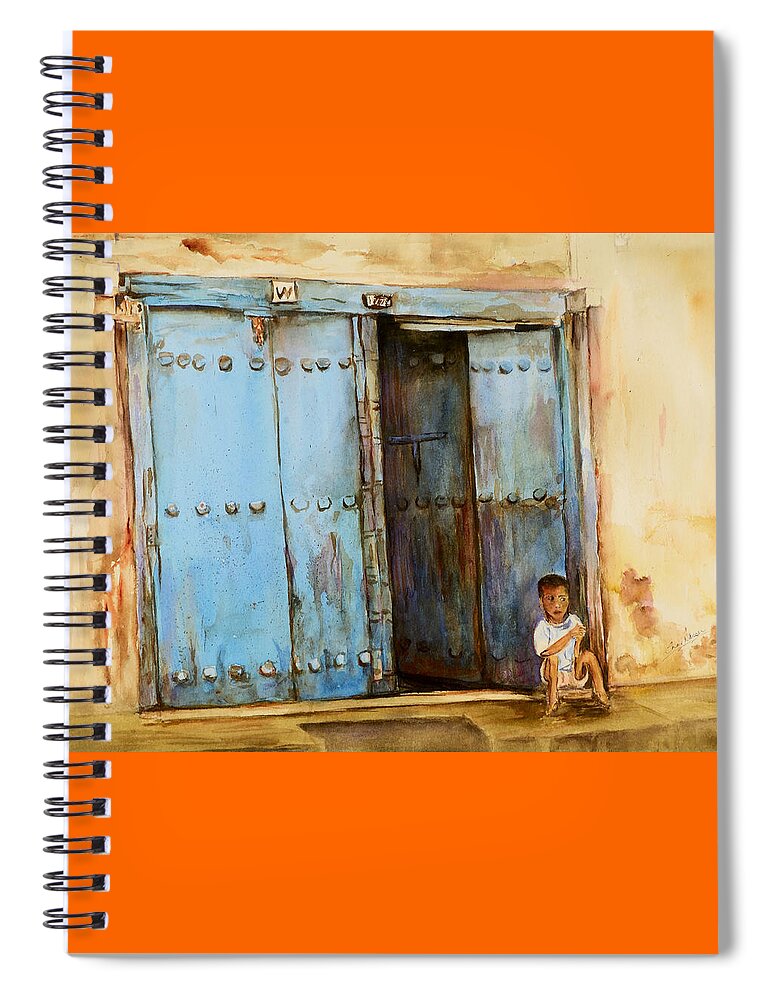 Doorway Spiral Notebook featuring the painting Child sitting in old Zanzibar doorway by Sher Nasser