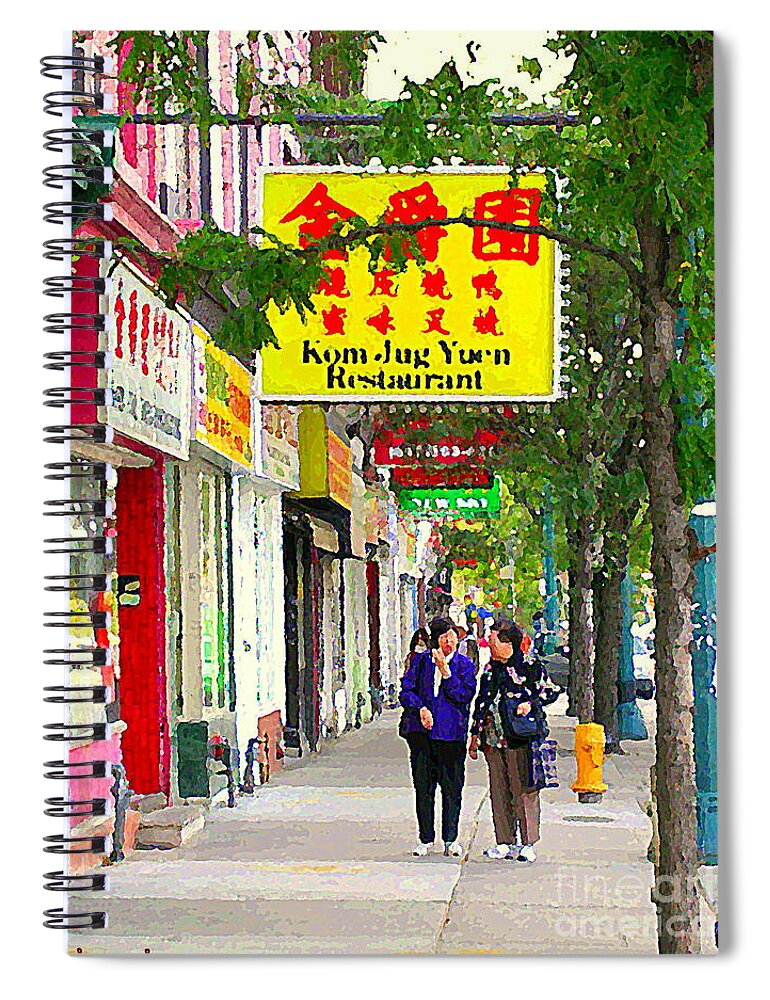 Toronto Spiral Notebook featuring the painting Chinatown Summer Stroll Near Kensington Market Kom Jug Yuen Restaurant Toronto Paintings Cspandau by Carole Spandau