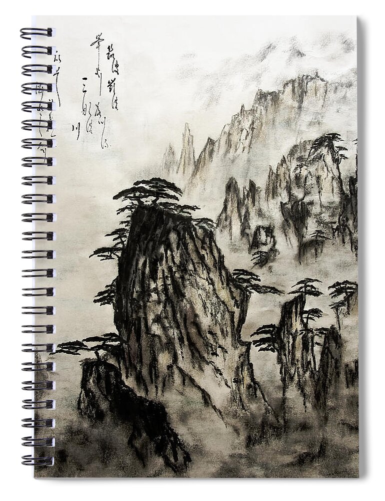 Calm Spiral Notebook featuring the painting Chinese Mountains with poem in ink brush calligraphy of love poem by Peter V Quenter