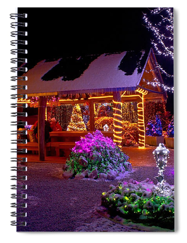 Christmas Spiral Notebook featuring the mixed media Christmas fantasy lodge and tree lights by Brch Photography