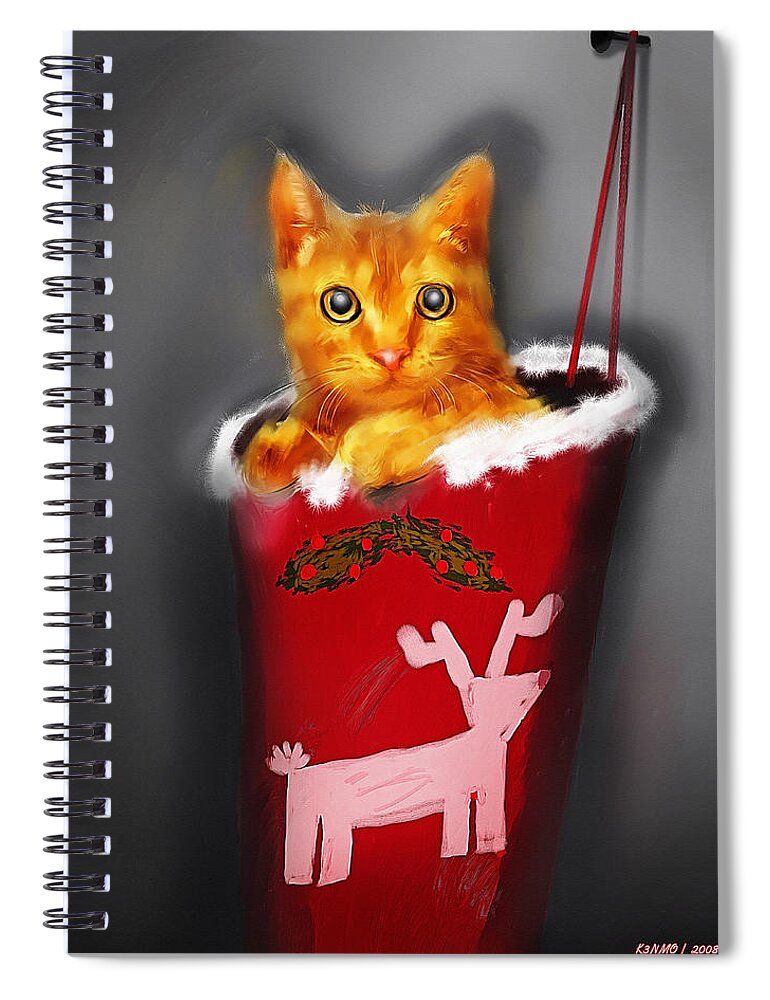 Christmas Spiral Notebook featuring the digital art Christmas Kitten by Ken Morris