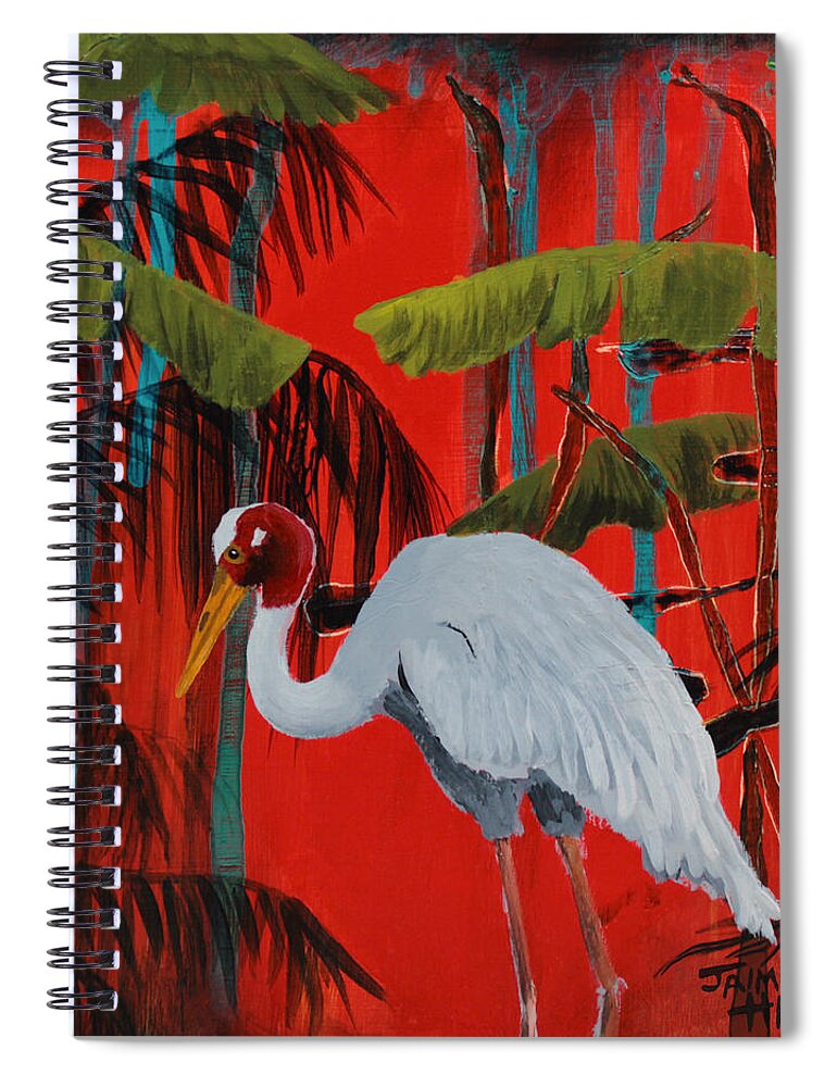 Sarus Crane Spiral Notebook featuring the painting Cinnabar Nights of Love 2 by Jaime Haney