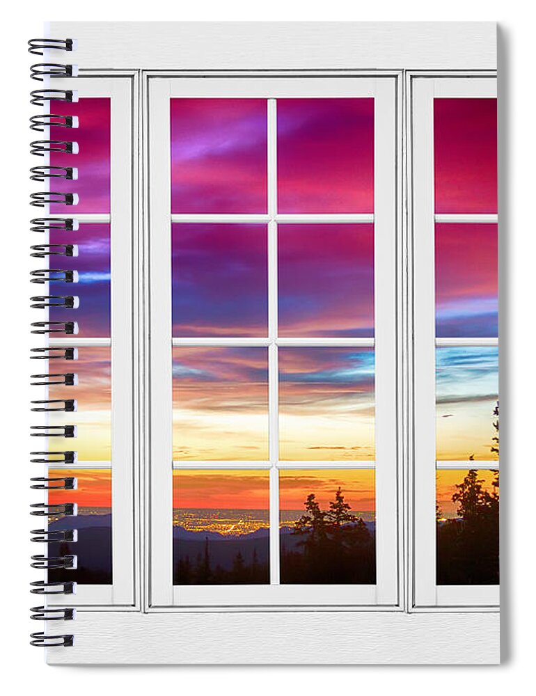 Window To Nature Spiral Notebook featuring the photograph City Lights Sunrise View Through White Window Frame by James BO Insogna