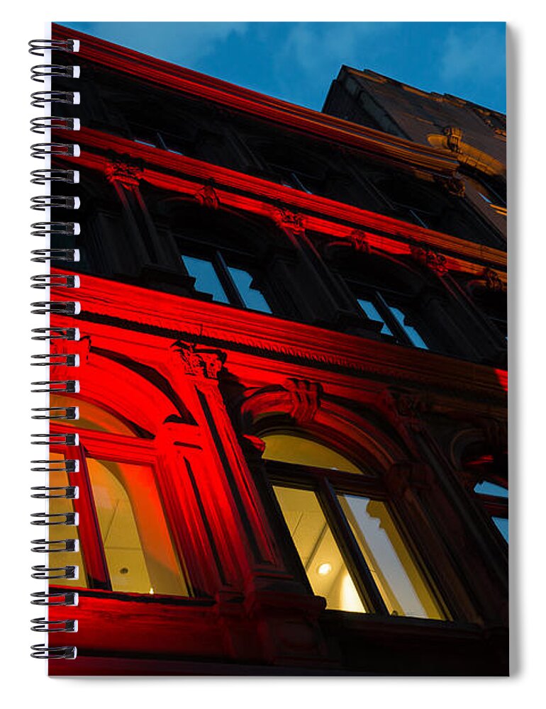 Red Facade Spiral Notebook featuring the photograph City Night Walks - Bright Red Facade by Georgia Mizuleva
