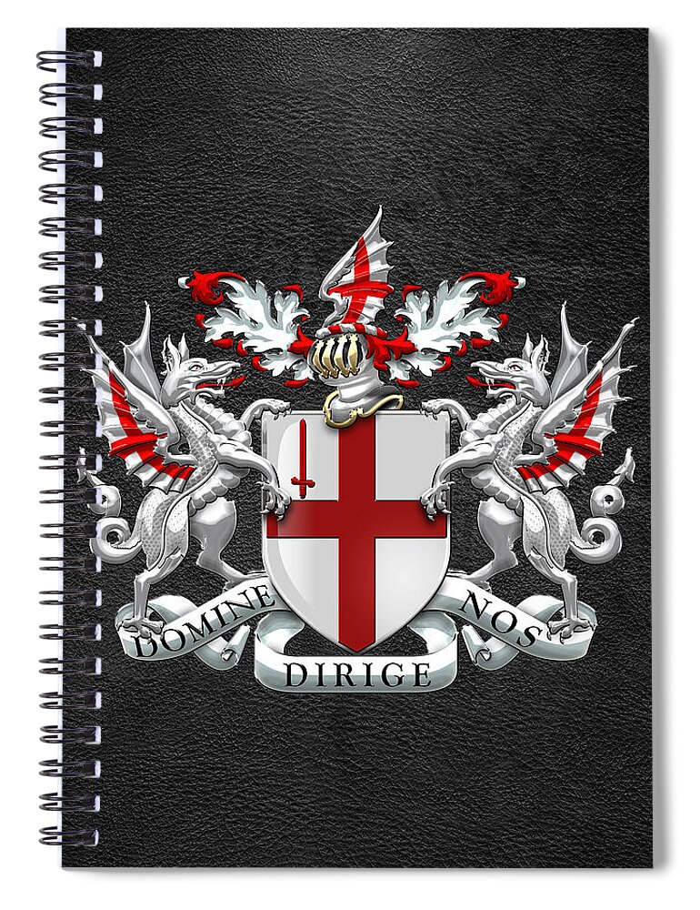 'cities Of The World' Collection By Serge Averbukh Spiral Notebook featuring the digital art City of London - Coat of Arms over Black Leather by Serge Averbukh