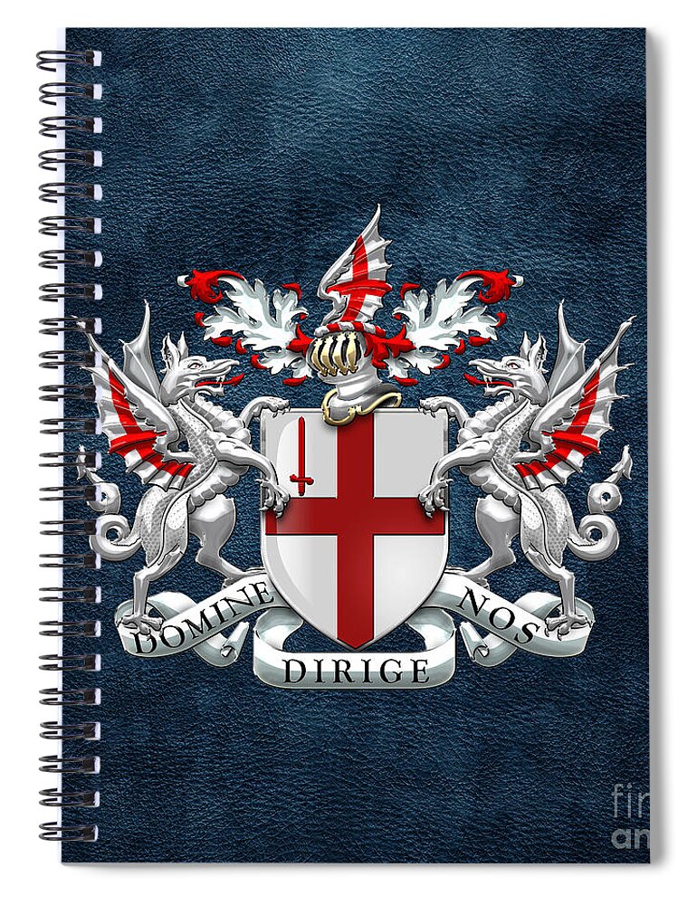'cities Of The World' Collection By Serge Averbukh Spiral Notebook featuring the digital art City of London - Coat of Arms over Blue Leather by Serge Averbukh