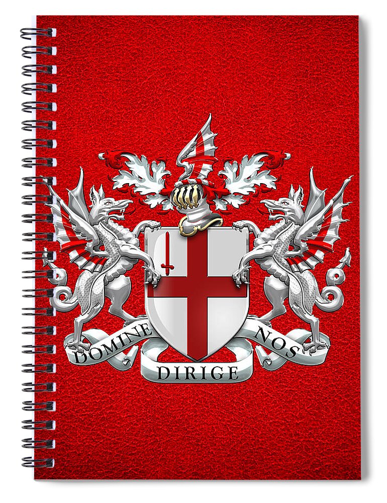 'cities Of The World' Collection By Serge Averbukh Spiral Notebook featuring the digital art City of London - Coat of Arms over Red Leather by Serge Averbukh