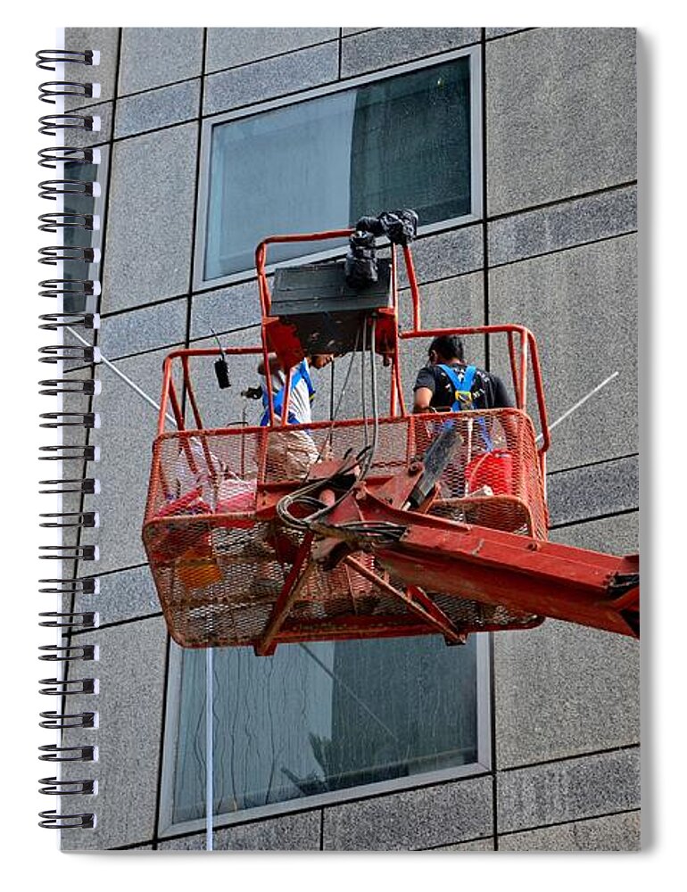Building Spiral Notebook featuring the photograph Cleaning skyscraper window and wall with snorkel Singapore by Imran Ahmed