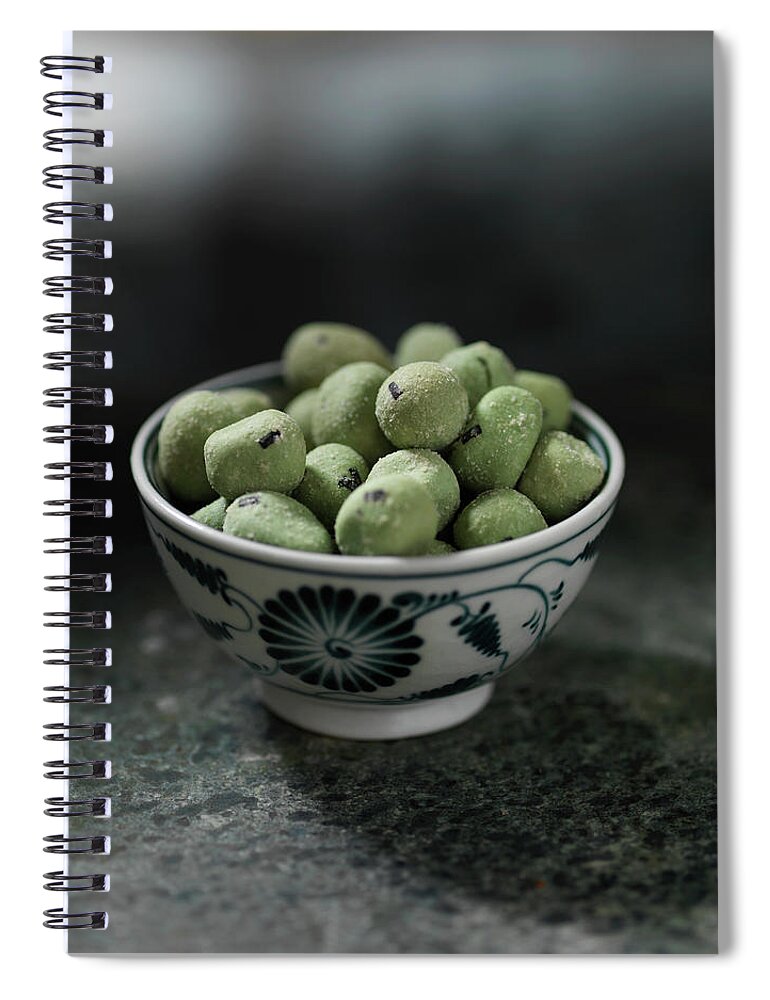 Wasabi Spiral Notebook featuring the photograph Close Up Of Bowl Of Wasabi Peas by Diana Miller