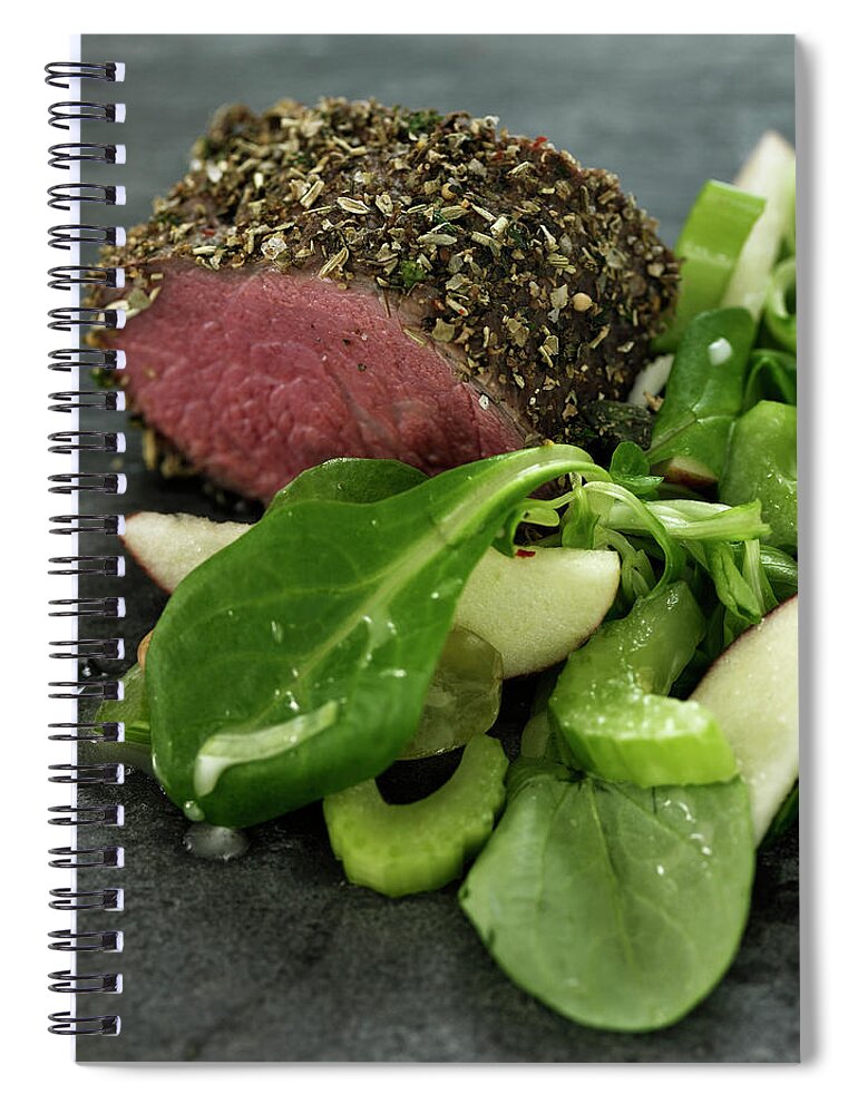 Tenderloin Spiral Notebook featuring the photograph Close Up Of Salad And Roasted Meat by Lisbeth Hjort